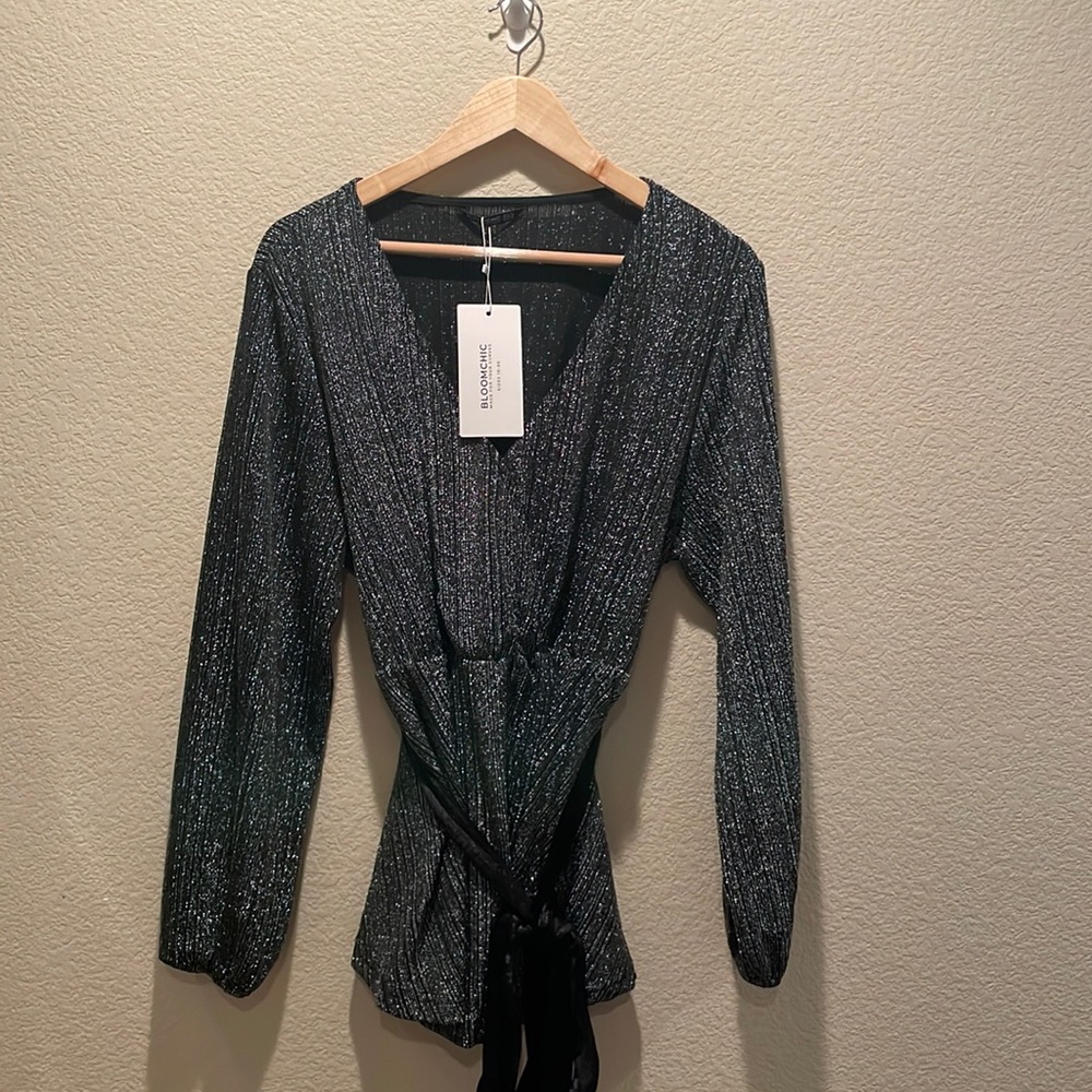 Black and silver sparkly peplum shirt with black velvet sash